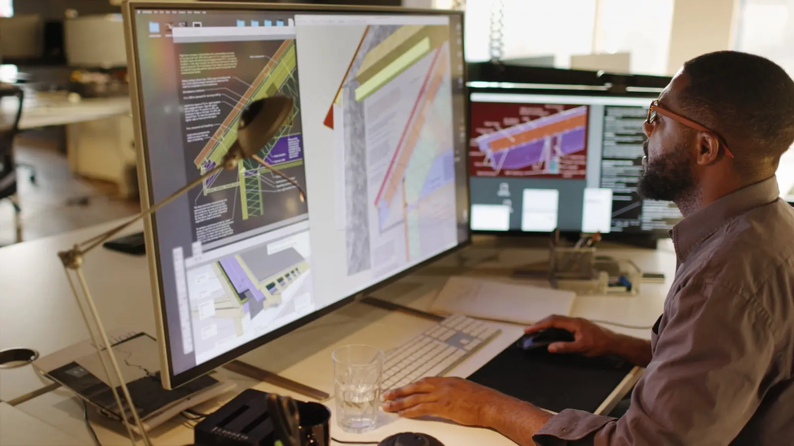 A man consults architecture software on a computer workstation screen.