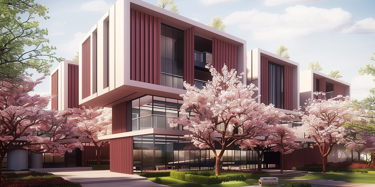AI-enhanced Enscape rendering of red building with cherry blossom trees in the front yard