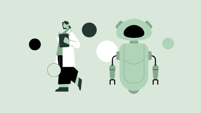 An illustration of a person talking on the phone and holding a clipboard, standing beside a large robot with mechanical arms, symbolizing artificial intelligence in healthcare.