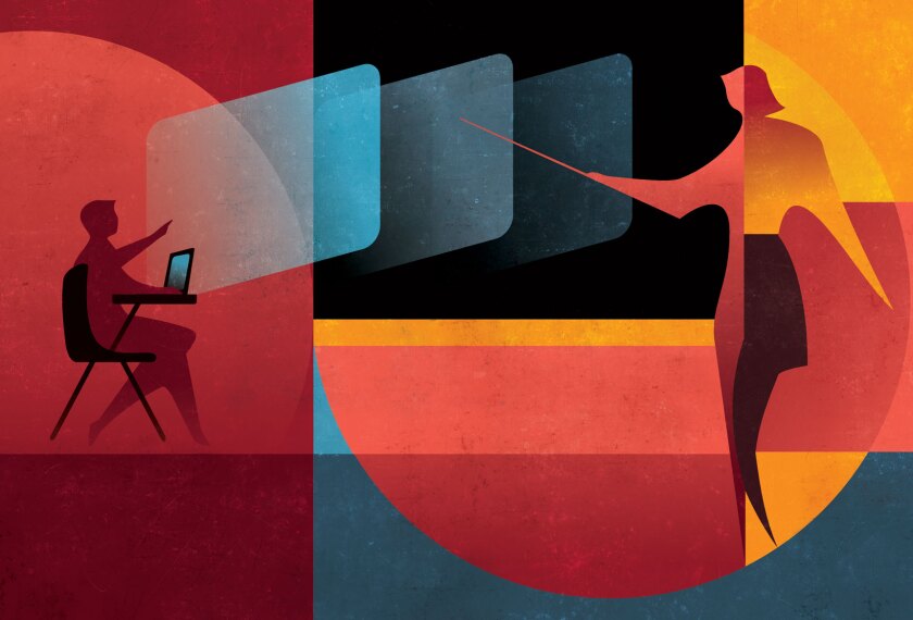 Illustration of stylized teacher-student relationship with AI represented between them as layered screens.