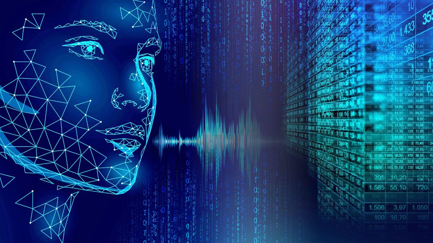 Polygon female face looking at data in cyberspace