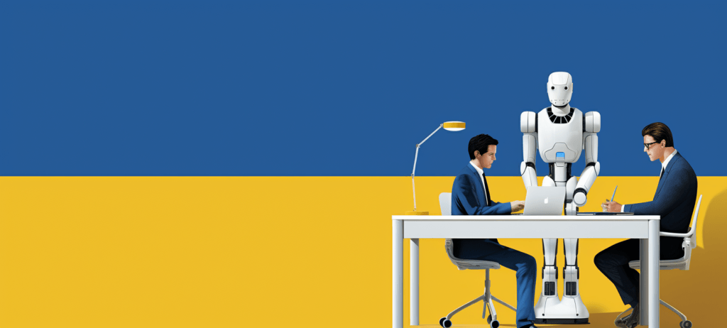 Robot working with marketers at desk exploring will ai replace marketing jobs in the future