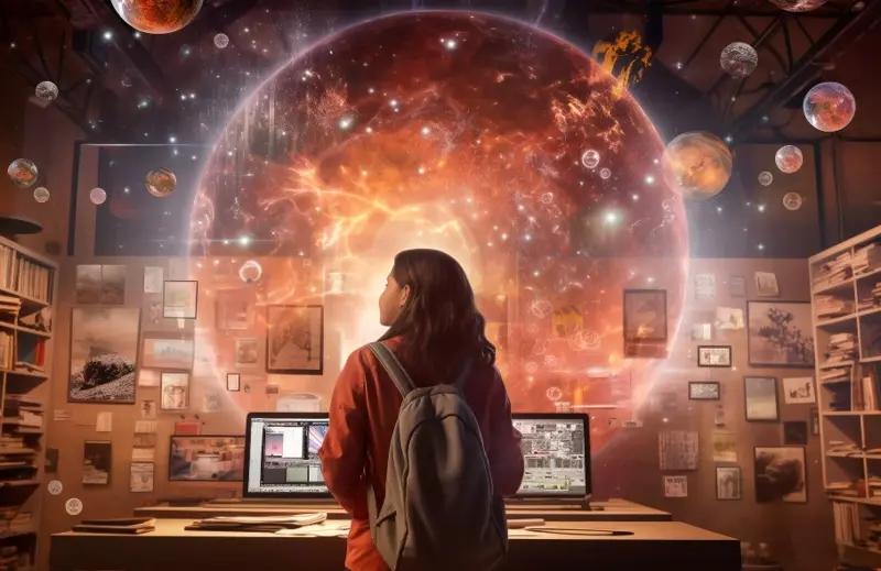 Young girl looking at computer screens in a library, symbolizing future learning with AI.